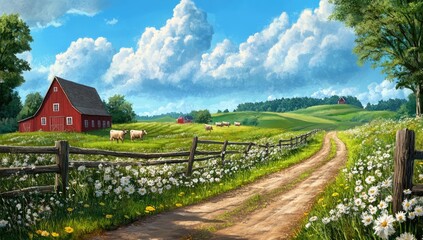 A beautiful farm with green fields, cows, and white flowers in the distance, wooden fences, red-roofed houses, a blue sky with white clouds, and trees on both sides of the road, in a cartoon style