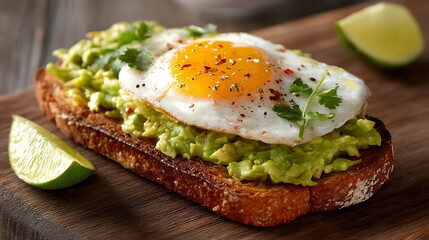 Avocado Toast with Egg: A culinary masterpiece, featuring a slice of golden toast generously laden with creamy avocado and crowned with a perfectly cooked egg.