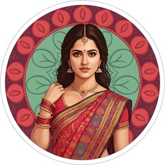 Elegant Indian Woman in Traditional Red Saree and Intricate Jewelry, Digital Portrait Art