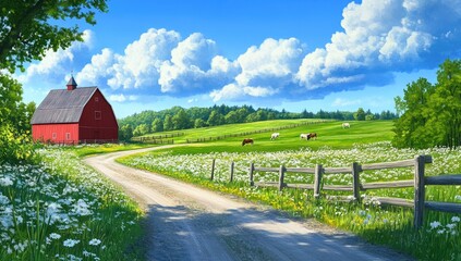 A beautiful farm with green fields, cows, and white flowers in the distance, wooden fences, red-roofed houses, a blue sky with white clouds, and trees on both sides of the road, in a cartoon style