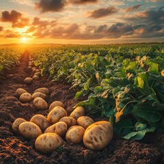 A beautiful field of potatoes at sunset, hyperrealistic photography in the style of