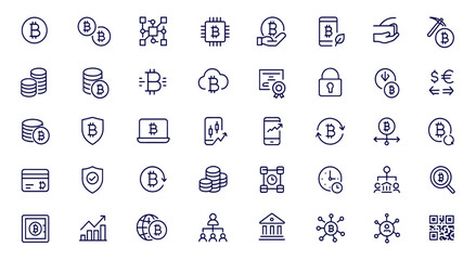 Bitcoin icon collection, cryptocurrency blockchain finance money mining wallet exchange digital assets, editable stroke linear web vector illustration, secure payment technology investment network