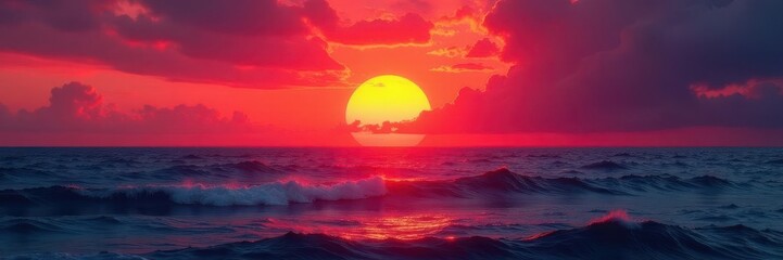 Crimson sun emerges from the sea, painting the sky with vivid colors, sunrise, dye, radiant