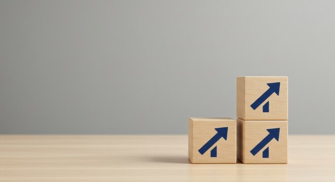 Three wooden blocks stacked in a stair-like pattern, each adorned with an upward-pointing arrow symbolizing growth and progress