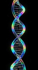 Vibrant Rainbow DNA Double Helix on Black Background.