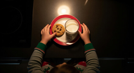 Child's hands setting out cookies and milk for Santa on Christmas Eve