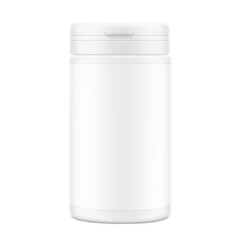 White plastic bottle container with snap-hinge cap. Vector illustration isolated on white background. Front view. Mockup perfect show your product with tamper evident push-on hinged cap. EPS10.
