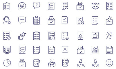 Survey Icon Set, Linear Outline Collection with Editable Stroke, featuring feedback, question, opinion, poll, review, satisfaction, answer, research, checklist, task, form, report, rating, vote