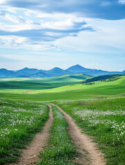 Scenic dirt road winding through lush green fields with distant mountains under a blue sky