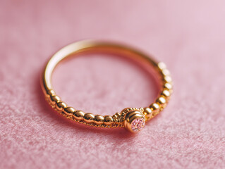Gold ring with beaded band and small pink gemstone