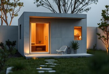Modern sauna cabin with open door revealing warm interior, set in a garden with stone path and chair.
