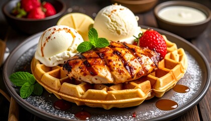 Grilled chicken on a waffle with ice cream