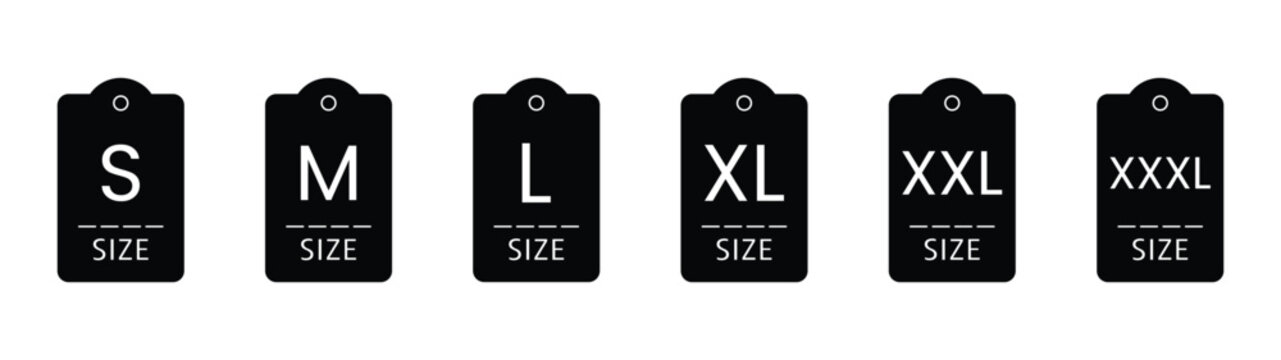 Clothes size vector icons. Sizes Labels Dress symbols S, M, L, XL, XXL 3XL small to extra large.