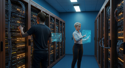 Technicians Configuring Servers in a Futuristic Data Center Environment. AI-generated image