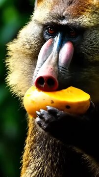 Extreme close-up of a mandrill (Mandrillus sphinx) enjoying a fresh