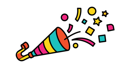 A colorful party popper with confetti and streamers exploding out, set against a white background.