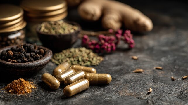 Benefits of cumin. Herbal supplements and spices arranged artistically on a textured surface.