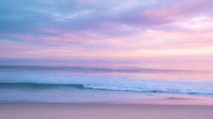 Obraz premium Soft Pastel Sunset Over a Calm Ocean Beach: Gentle Pink & Lavender Sunset Glow, Serene Beach with Calm Waves—Tranquil Coastal Scene of Pastel Hues at Dusk