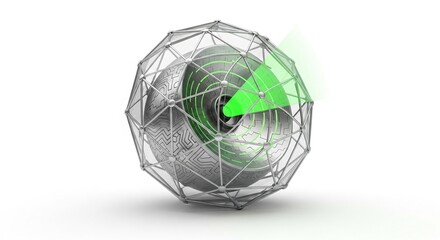 A detailed 3D rendering of a metallic sphere with a radar-like scanning effect, enclosed within a wireframe structure.