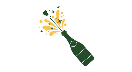 Popping green champagne bottle with a festive explosion of golden liquid and stars.