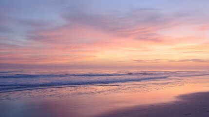 Fototapeta premium Soft Pastel Sunset Over a Calm Ocean Beach: Gentle Pink & Lavender Sunset Glow, Serene Beach with Calm Waves—Tranquil Coastal Scene of Pastel Hues at Dusk