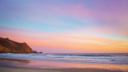 Soft Pastel Sunset Over a Calm Ocean Beach: Gentle Pink & Lavender Sunset Glow, Serene Beach with Calm Waves&mdash;Tranquil Coastal Scene of Pastel Hues at Dusk