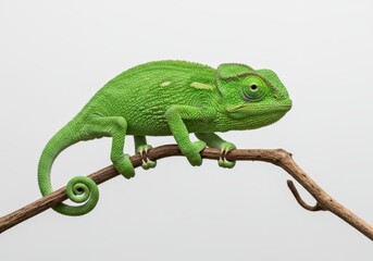 Obraz premium A vivid, detailed close-up portrait of a vibrant green chameleon perched attentively on a twig against a plain white background.