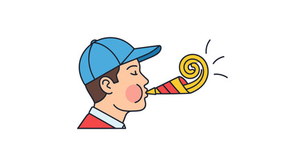 Cartoon Boy Blowing Party Horn with Blue Cap.