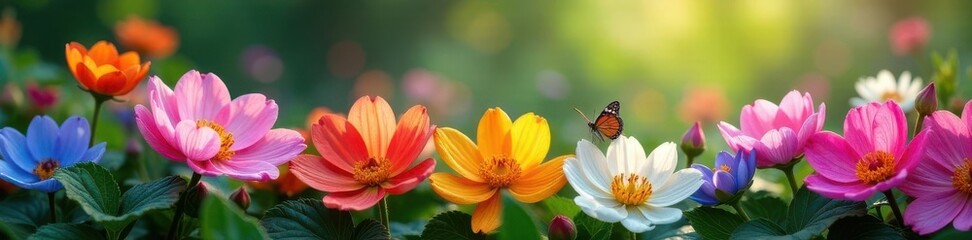 Fototapeta premium Rainbow of blossoms, dew-kissed petals, butterfly haven, bloom, floral