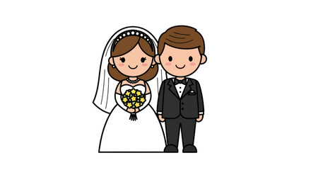Cute Cartoon Wedding Couple Illustration with Bride and Groom in Formal Attire.
