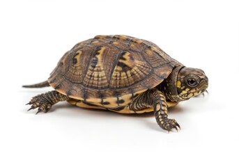 Obraz premium A small, detailed turtle, showcasing its intricate shell patterns against a plain white background, displays a captivating and peaceful demeanor.
