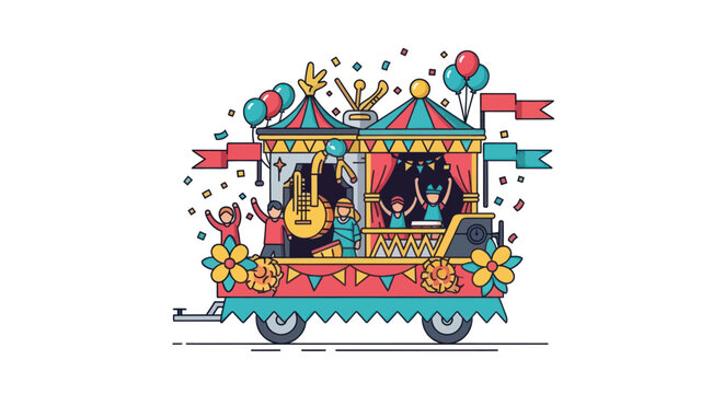 Colorful Carnival Parade Float with Music and Performers.
