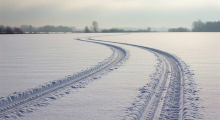 A lone set of animal tracks crosses a vast, untouched snowy field under a clear winter sky. The low-angle sunlight casts long shadows, highlighting the textured snow and the serene