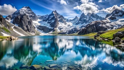 Obraz premium Serene mountain lake reflecting majestic snow-capped peaks under a vibrant blue sky