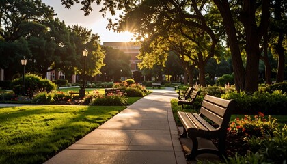 Fototapeta premium A Serene Park Scene with Sunlight Streaming Through Trees and Benches
