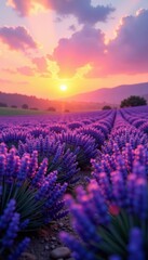 Fototapeta premium Sun-drenched lavender, waves of purple stretching to horizon , sun, bright, calm