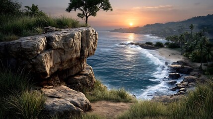 A rocky headland overlooking a wide bay, waves crashing below and a warm sunset sky above.