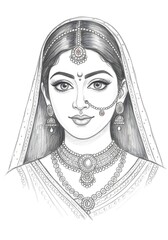 Elegant Pencil Sketch of a Beautiful Indian Bride Adorned in Traditional Jewelry and Attire