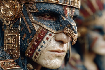 A man wearing a blue and red mask with a gold eagle on it