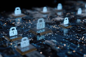 Digital padlock icons on circuit board representing cybersecurity and data protection.