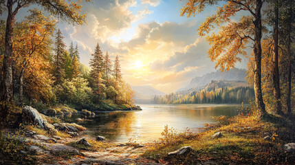 Obraz premium Scenic autumn landscape featuring tranquil lake surrounded by vibrant trees and mountains under a colorful sky, capturing the essence of nature's beauty