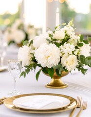 Elegant white floral centerpiece on gold-rimmed table setting