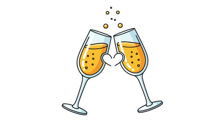 Two Champagne Flutes Toasting with a Heart Bubbles and Golden Liquid.
