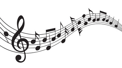 A black and white illustration of a flowing musical staff with notes moving from left to right in a curved line.