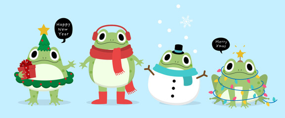Merry Christmas and happy new year 2026 with cute little frog in Xmas costume. Winter holidays cartoon character. -vector