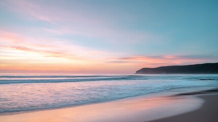 Fototapeta premium Soft Pastel Sunset Over a Calm Ocean Beach: Gentle Pink & Lavender Sunset Glow, Serene Beach with Calm Waves—Tranquil Coastal Scene of Pastel Hues at Dusk
