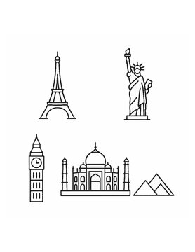 Minimal Line Icons of Famous World Landmarks &mdash; Eiffel Tower, Statue of Liberty, Big Ben, Taj Mahal, Pyramids &mdash; Thin Stroke Black Outline Vector on White Background