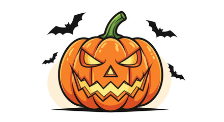 Cartoon Jack-o-Lantern with Evil Grin and Bats for Halloween.