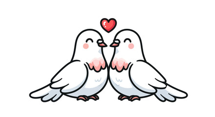 Two Cute Cartoon Pigeons in Love with Heart Above Them.