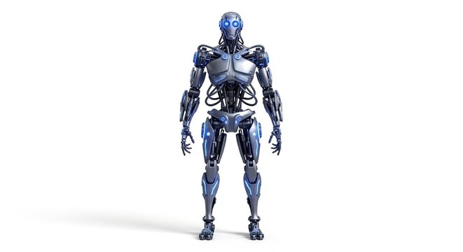 Full body view of a futuristic humanoid robot with metallic blue and silver finish standing upright against a white background.